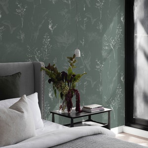 Fern Green Wildflower Removable Wallpaper, available as self adhesive or non woven wallpaper
