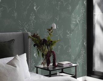 Fern Green Wildflower Removable Wallpaper, available as self adhesive or non woven wallpaper
