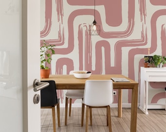 Pink Color Brush Stroke Labyrinth Pattern Wallpaper / Minimal design abstract pattern Traditional or Removable Wallpaper