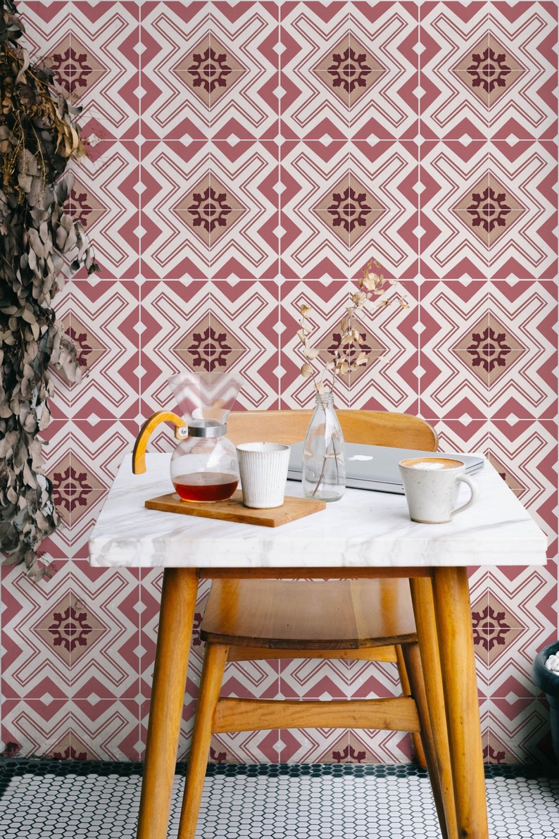 Pink Moroccan Tile Pattern Wallpaper, Elegant Geometric Design, Bohemian Bedroom, Peel and stick or Traditional Wallpaper image 2