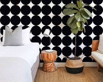 Large Dot Wallpaper, Black Bold Polka Dot, Mid Century, Modern Temporary or Traditional Wallpaper