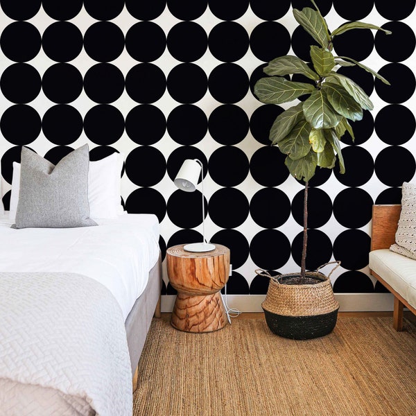Large Dot Wallpaper, Black Bold Polka Dot, Mid Century, Modern Temporary or Traditional Wallpaper