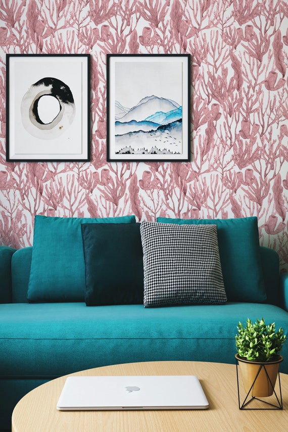 Living Coral Removable Wallpaper Watercolor Coastal Decor Etsy