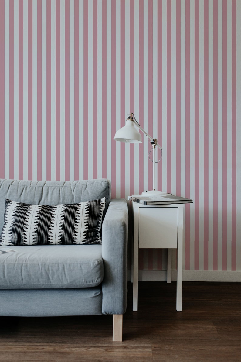 Pink Candy Stripe Wall Print, Removable Wallpaper and Traditional Wallpaper, Geometric Wall Decal 画像 1
