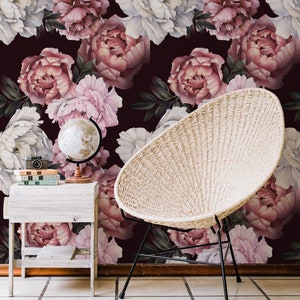 Dark Vintage Floral Bouquet Wallpaper, Flower Pattern Removable Self Adhesive or Traditional material options