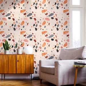 Carta da parati Coral Terrazzo / Carta da parati tradizionale o rimovibile in stile costiero / Decorazione murale rosa moderna