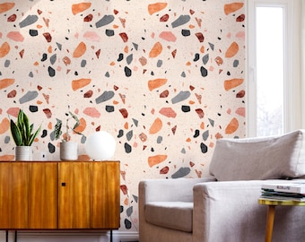 Coral Terrazzo Wallpaper / Coastal Style Traditional or Removable Wallpaper / Modern Pink Wall Decor