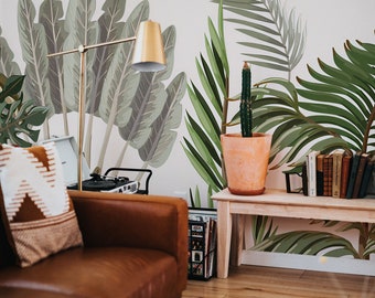 tropical jungle wallpaper, large botanical pattern, cream background, wall mural, wall art decor || #T23