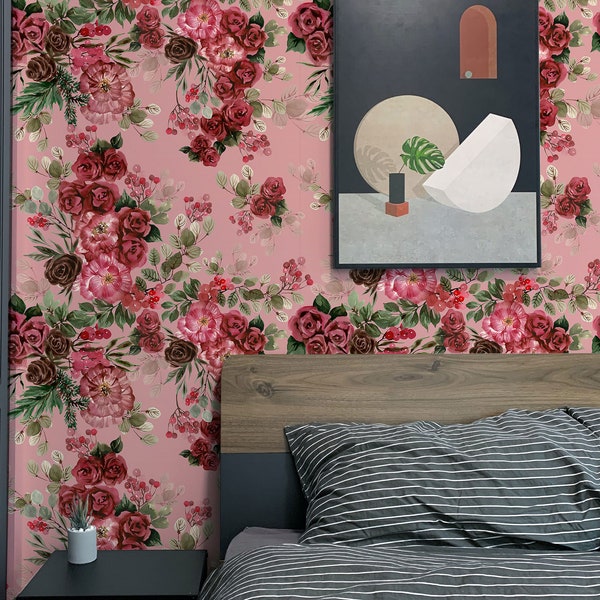 behang rood fluwelen rozen, bloemensticker, geschilderde rozen, peel & stick, originele bloemenmuurschildering, botanische print || #F7