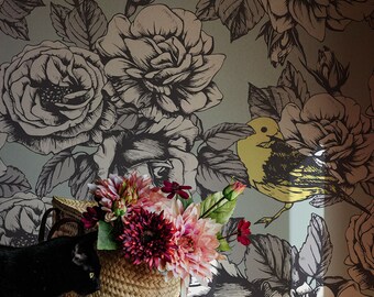 Papel pintado extraíble con diseño de pájaros y flores: estampado de acuarela bohemio