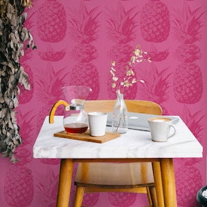 Hot Pink Ananas Abnehmbare Tapete, Tropische Früchte, Eklektisches Dschungel-Thema Temporär und Traditionelles Material