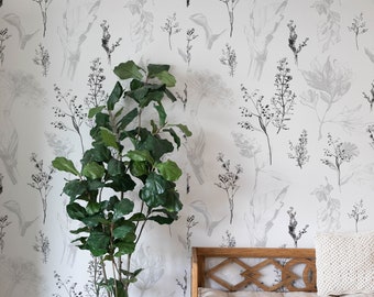 Grey Wildflower Removable Wallpaper, available as self adhesive or non woven wallpaper