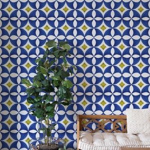Blue and Yellow Tile Wallpaper, Peel and Stick or Traditional material, Bathroom, Kitchen