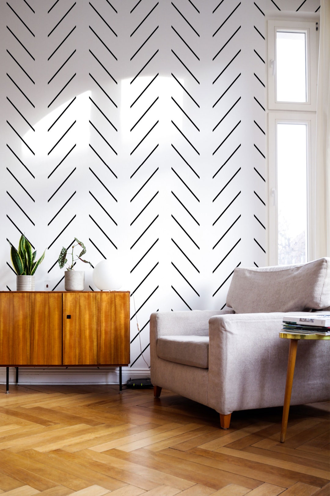 Modern Delicate Herringbone Wallpaper in Black and White - Etsy