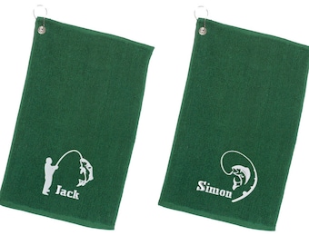 Embroidered Personalised Fishing Towel Green Perfect for the Fishing Trips, Great Gift for the Fisherman / Woman,  2 Designs Available