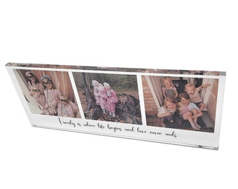 Personalised Triple Collage Family Photo Block Printed, Glass Like Plaque With Custom Message or Names, a triple Photo Gift