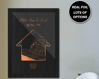 Gold Foiled Personalized Home Map Print, New Home Gift