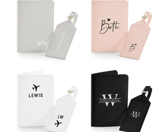 Passport cover and luggage tag set, personalised passport holder travel set