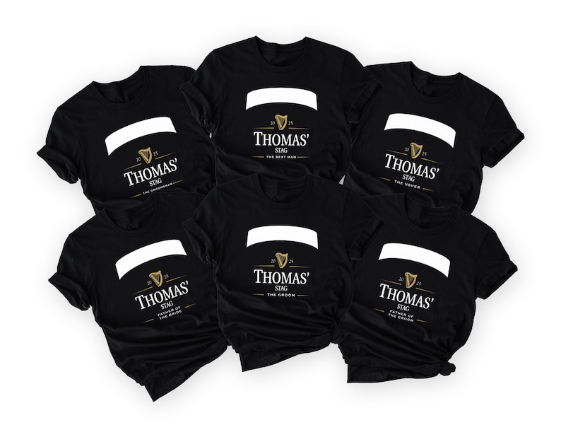 May include: Black t-shirts with white and gold text. Each shirt has a white banner and the name "Thomas" with "Stag" below. The text below the name varies: "The Best Man", "The Groomsman", "The Usher", "Father of the Bride", and "The Groom".