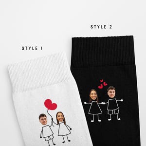 May include: White and black socks with custom face illustrations. Style 1 shows a couple with a red heart balloon. Style 2 features a couple holding hands with red hearts above them. The text "STYLE 1" and "STYLE 2" are visible.