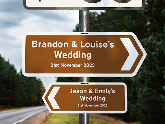 Personalised metal wedding sign, Direction Road Arrow Sign Brown, Wedding Plaque, Signs, Wedding Signs, Wedding Reception Signage directions