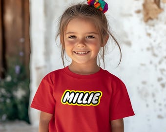 Personalised Kids T-Shirt – Custom Name Top in Building Block Style Font, Fun Children’s Personalised Clothing for Boys or Girls,