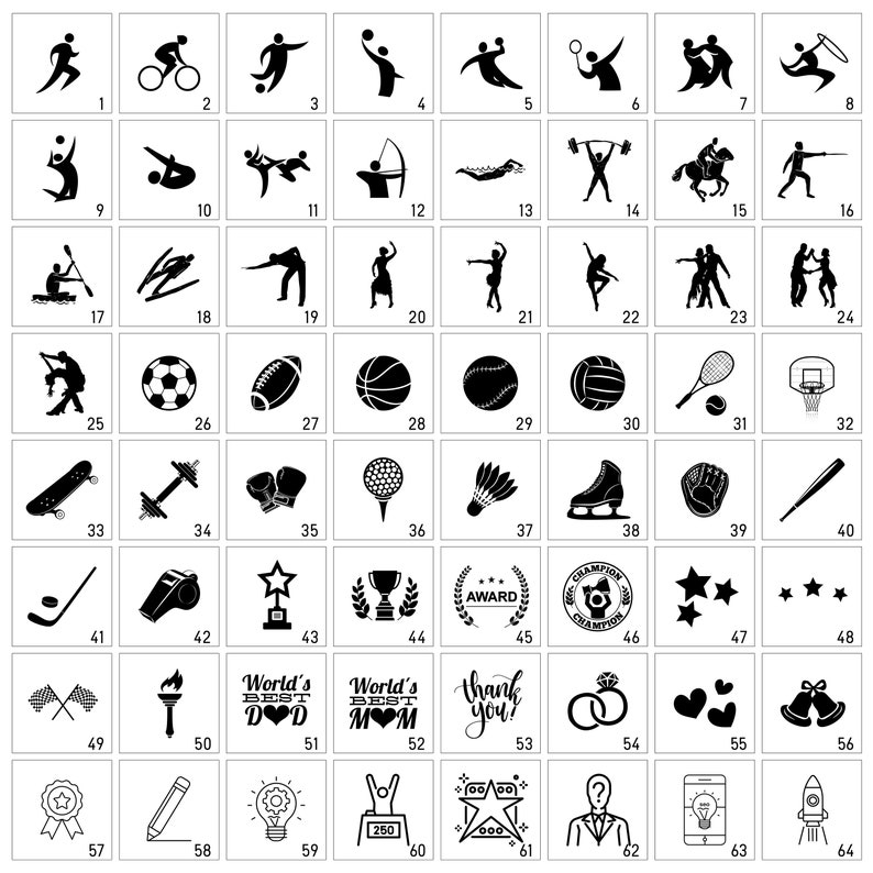 K&ouml;nnte beinhalten: Schwarz-wei&szlig;e Symbole, die verschiedene Sportarten und Aktivit&auml;ten darstellen, darunter Laufen, Radfahren, Fu&szlig;ball, Basketball, Schwimmen, Tanzen, Golf und mehr. Die Symbole sind in einem Raster angeordnet.