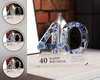 Personalised 40th Birthday Trophy Plaque – Custom Acrylic Birthday Keepsake, Floral Happy Birthday Gift Sign, Unique Milestone Gift for Her