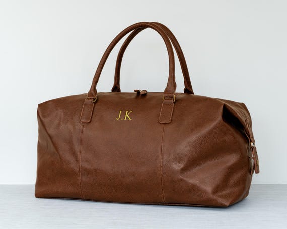 Personalised Mens Vegan Leather Holdall Bag Black or Brown - 30 Litre Weekend Travel Bag Embroidered with Initials