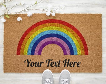 Rainbow Doormat Personalised Text - Home Gift Coir Door Mat Decor, Brush Gifts for Her Him, Birthday Wedding Anniversary, Custom - Style 27