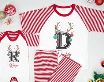 Personalised matching family Christmas pyjamas / Xmas PJ’s Pyjamas Girls Boys Mum, Dad and Baby believe candy cane pjs- initial with antlers