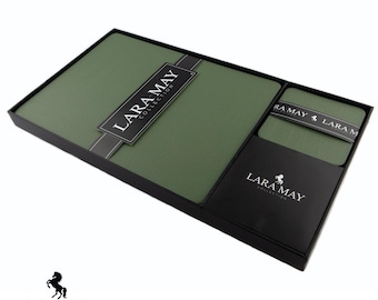 Tischsets Komplettset, Leder Tischset und Leder Untersetzer, Oliv Grün Platzset Komplettset (28 cm x 21 cm) mit Geschenkbox Lara May