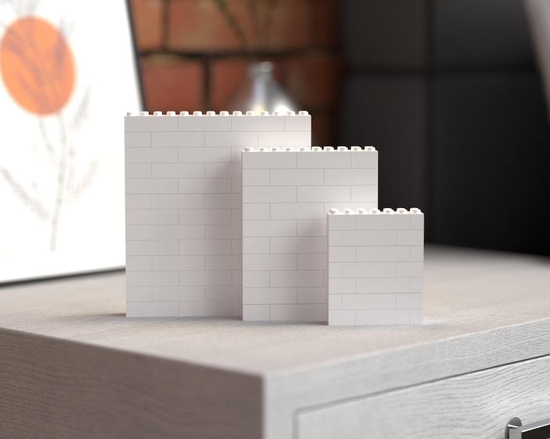 Set of three blank white building brick photo blocks in varying sizes, ready for personalized customization. Ideal as creative DIY gifts or decorative accents, these blocks allow you to showcase your favorite photos, artwork, or messages, making them perfect for special occasions, holidays, or everyday home decor.