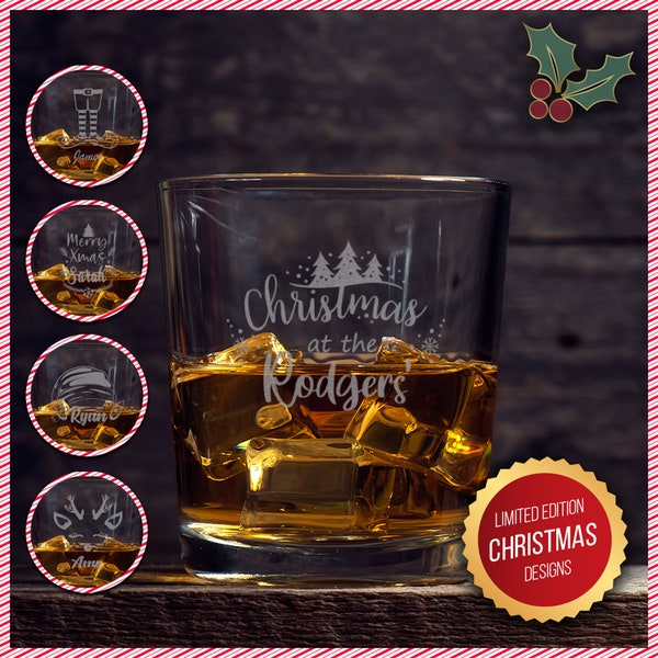 Personalised Christmas Lowball Glass Engraved Round Whisky Low Ball Glasses Gift, Festive Glassware, Bespoke Xmas Drinking Glass