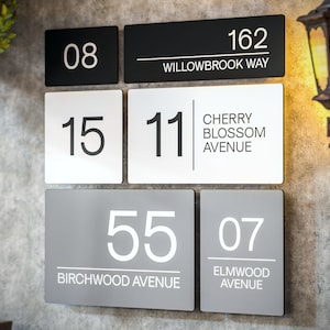 Contemporary Modern Metal House Number Sign Printed Address Signage – Black, Grey or White - Multiple Sizes Available with Hidden Fixings