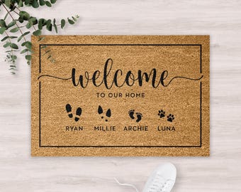 Personalised Family & Pet Doormat – Welcome To Our Home – Custom Name Coir Door Mat