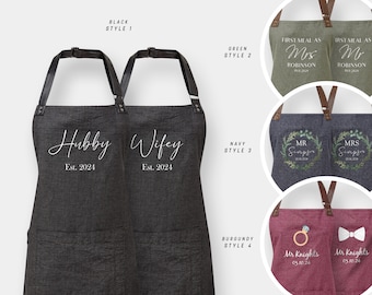 Matching Couples  set of Aprons - 4 designs to choose from,  Wedding Anniversary Gift - Mr & Mrs - Custom married name est year