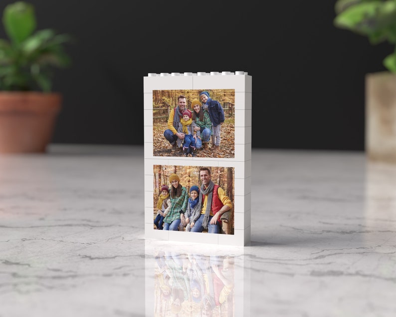 May include: A white photo block with two pictures of a family in a wooded area. The top picture shows a family of five standing in the woods. The bottom picture shows a family of six sitting on a log in the woods.
