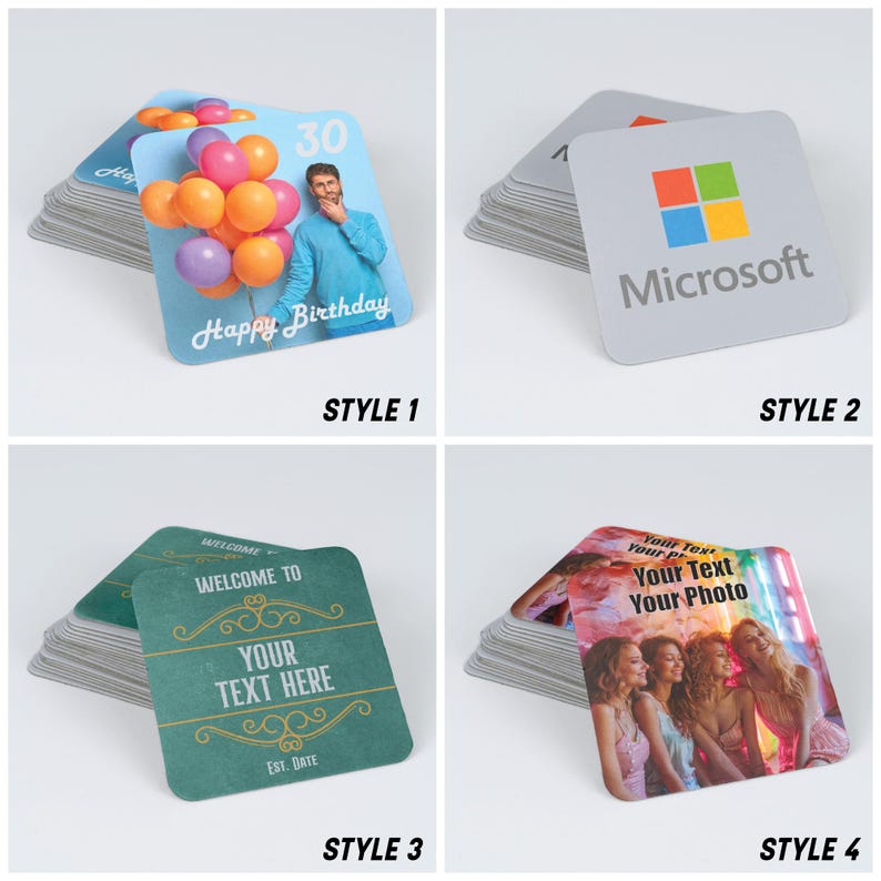 Peut inclure: Quatre piles de dessous de verre carr&eacute;s avec des designs vari&eacute;s. Le style 1 montre des ballons et une personne avec le texte Happy Birthday 30. Le style 2 affiche le logo Microsoft. Le style 3 a un fond vert avec des espaces de texte.