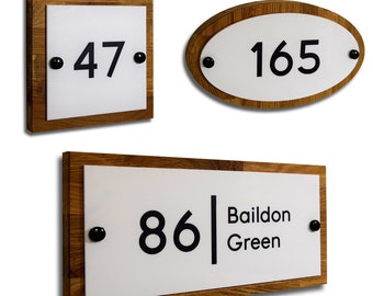 Personalised European Oak Solid Wood & Modern White Acrylic Combination Door Number