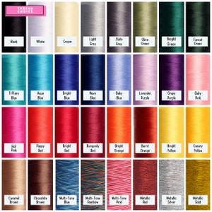 May include: A chart of thread colors, with names for each color, including black, white, cream, light grey, slate grey, olive green, bright green, forest green, tiffany blue, aqua blue, bright blue, navy blue, baby blue, lavender purple, grape purple, baby pink, hot pink, poppy red, bright red, burgundy red, bright orange, burnt orange, bright yellow, canary yellow, caramel brown, chocolate brown, multi-tone blue, multi-tone rainbow, multi-tone pink, metallic red, metallic silver, and metallic gold.