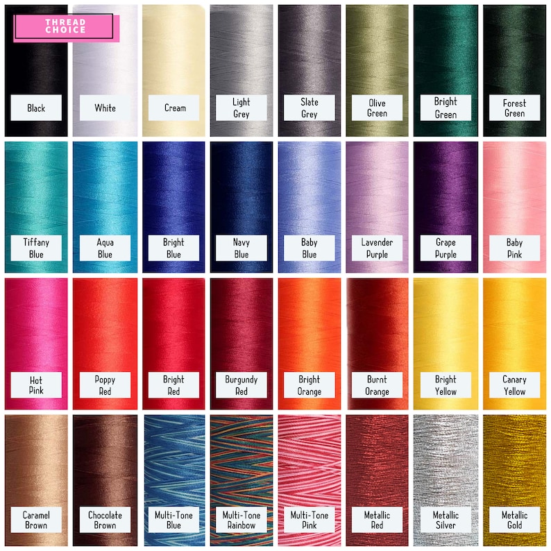 May include: A chart of thread colors, with names for each color, including black, white, cream, light grey, slate grey, olive green, bright green, forest green, tiffany blue, aqua blue, bright blue, navy blue, baby blue, lavender purple, grape purple, baby pink, hot pink, poppy red, bright red, burgundy red, bright orange, burnt orange, bright yellow, canary yellow, caramel brown, chocolate brown, multi-tone blue, multi-tone rainbow, multi-tone pink, metallic red, metallic silver, and metallic gold.