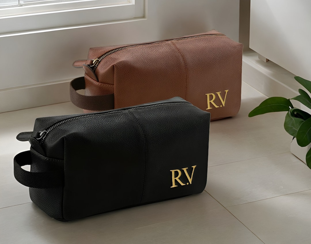 Personalised Embroidered Men's Leather Wash Bag With Strap Black or