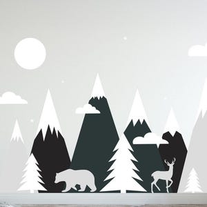 Mountains Wall Decal, Forest Landscape Nursery Decor, Adventure Kids Room, Woodland Nursery Wall Art, Moon and Stars, Clouds Print