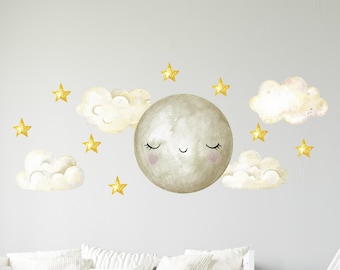Moon and Stars Wall Decals. Clouds Nursery Stickers. Kids Room Decor. Clouds Wall Decal. Stars and Moon Decals Above Bed for Kids ds160