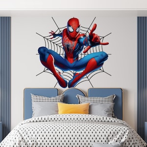 Superhero Spiderman Decal for Boy Room, Web Wall Sticker Above Bed for Teen Bedroom, Cartoon Character Peel and Stick Wall Accent Game Room