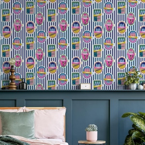 May include: Wallpaper featuring a repeating pattern of colorful, cartoon-style sardine cans on a striped background. The cans are in various shapes and colors, including pink, yellow, and green, with a smiling face design. The wallpaper is on a wall above a bed.