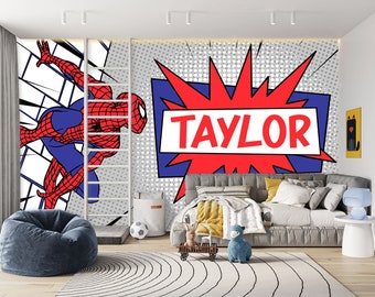 Spiderman Wallpaper Custom Name Kids Room Decor, Removable Wall Mural Superhero for Boy Bedroom, Spiderman PVC Free Decoration For Playroom