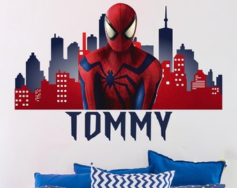 Calcomanía personalizada con nombre para niños encima de la cama para niños, decoración personalizada de la habitación de la guardería con nombre de superhéroe, calcomanía de pared de Spiderman, pegatina de pared de superhéroe