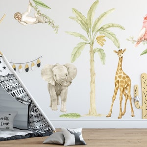 Jungle Animals Wall Decals Kids Room, Safari Themed Decor Nursery Baby Boy, Watercolor Savannah Sticker Set for Toddler Girl Bedroom